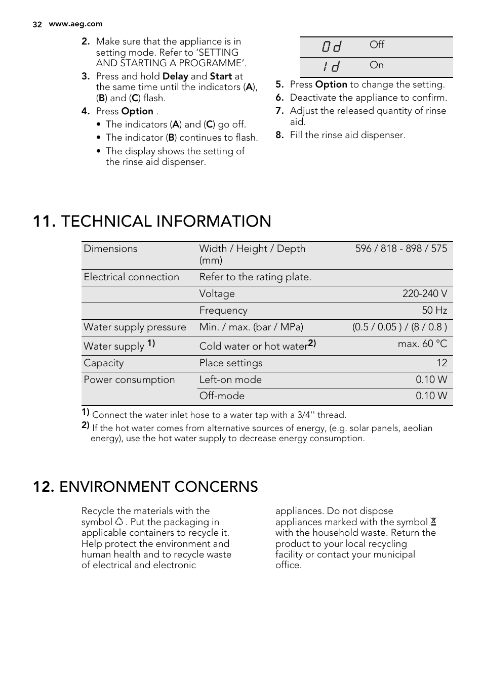 Technical information, Environment concerns | AEG F65050IM0P User Manual | Page 32 / 68