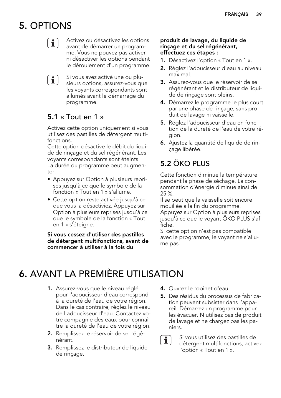 Options, Avant la première utilisation, 1 « tout en 1 | 2 öko plus | AEG F65050IM0P User Manual | Page 39 / 68