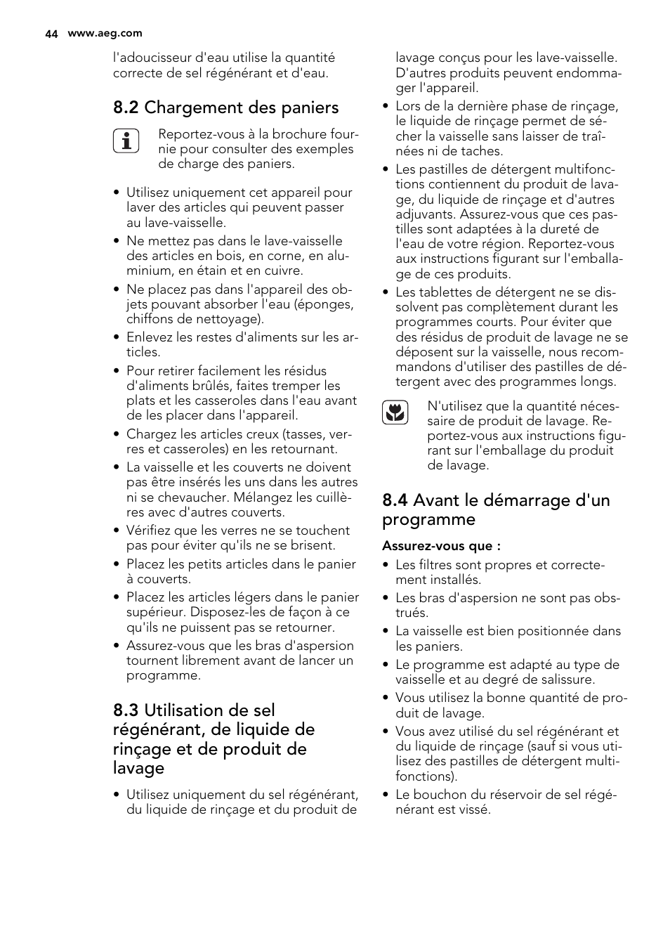 2 chargement des paniers, 4 avant le démarrage d'un programme | AEG F65050IM0P User Manual | Page 44 / 68