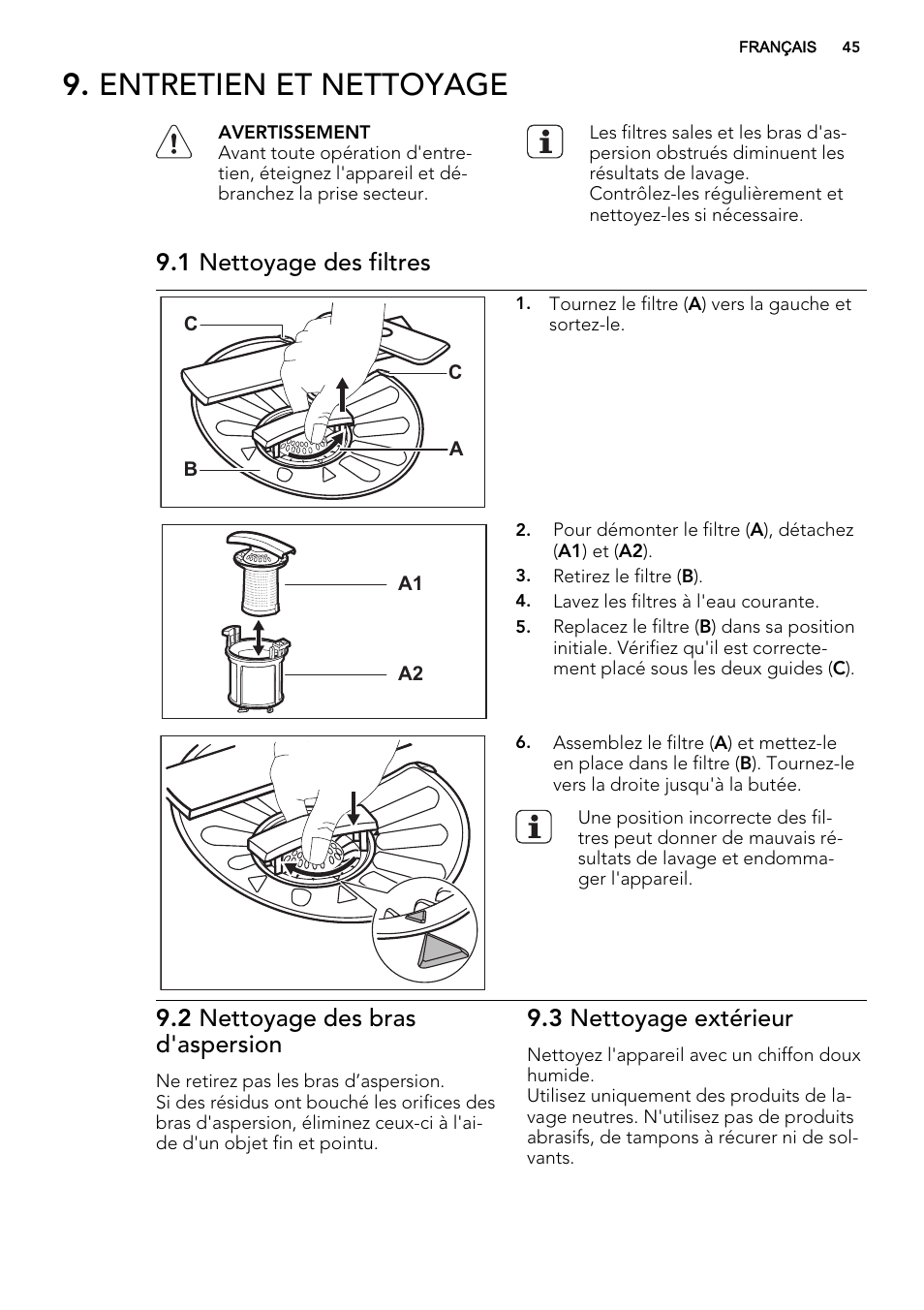 Entretien et nettoyage, 1 nettoyage des filtres, 2 nettoyage des bras d'aspersion | 3 nettoyage extérieur | AEG F65050IM0P User Manual | Page 45 / 68