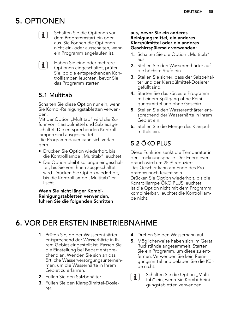 Optionen, Vor der ersten inbetriebnahme, 1 multitab | 2 öko plus | AEG F65050IM0P User Manual | Page 55 / 68