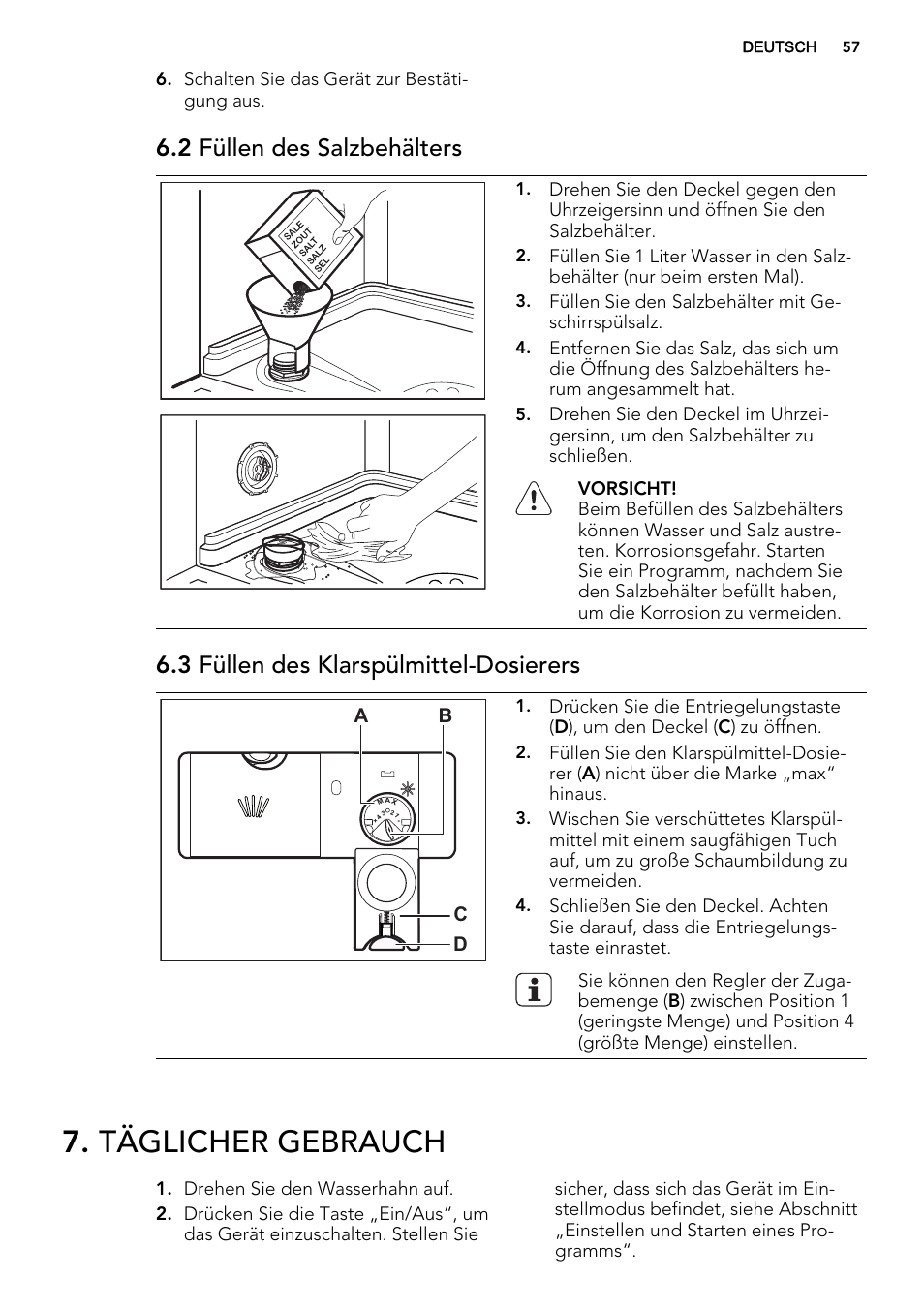 Täglicher gebrauch, 2 füllen des salzbehälters, 3 füllen des klarspülmittel-dosierers | AEG F65050IM0P User Manual | Page 57 / 68