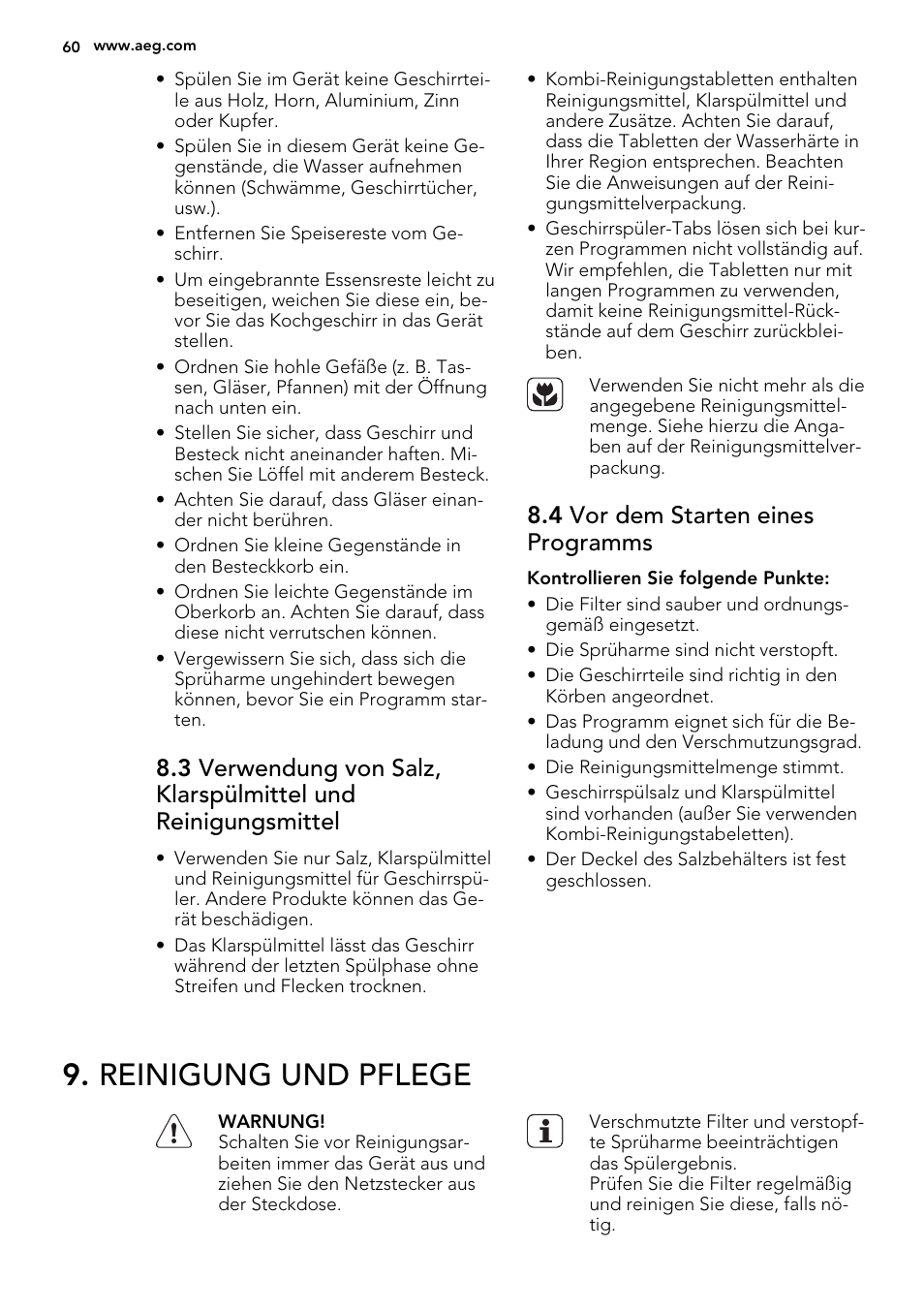 Reinigung und pflege, 4 vor dem starten eines programms | AEG F65050IM0P User Manual | Page 60 / 68