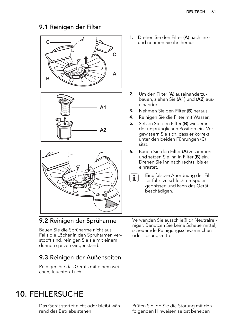 Fehlersuche, 1 reinigen der filter, 2 reinigen der sprüharme | 3 reinigen der außenseiten | AEG F65050IM0P User Manual | Page 61 / 68