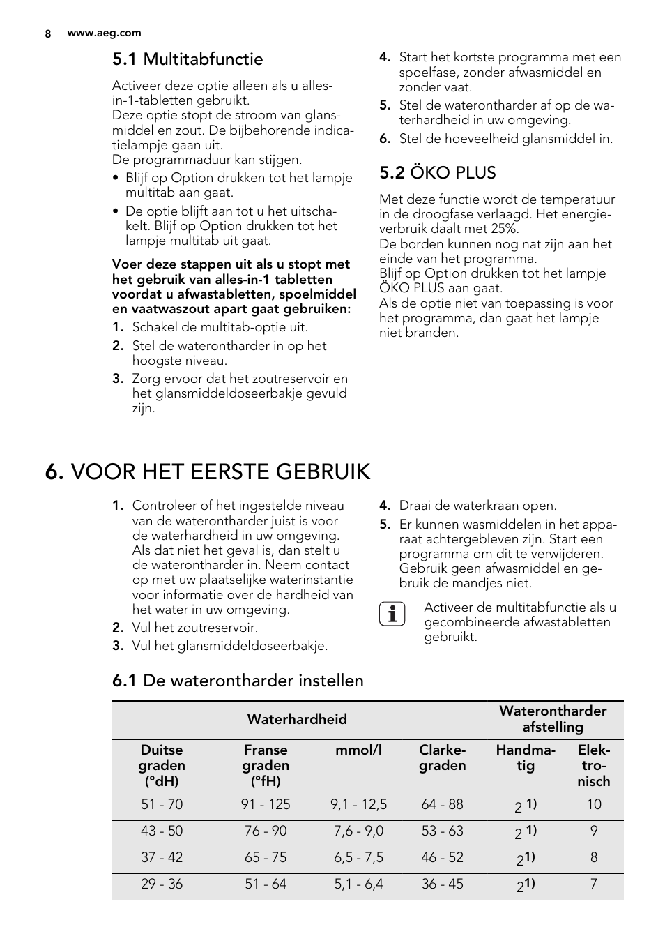 Voor het eerste gebruik, 1 multitabfunctie, 2 öko plus | 1 de waterontharder instellen | AEG F65050IM0P User Manual | Page 8 / 68