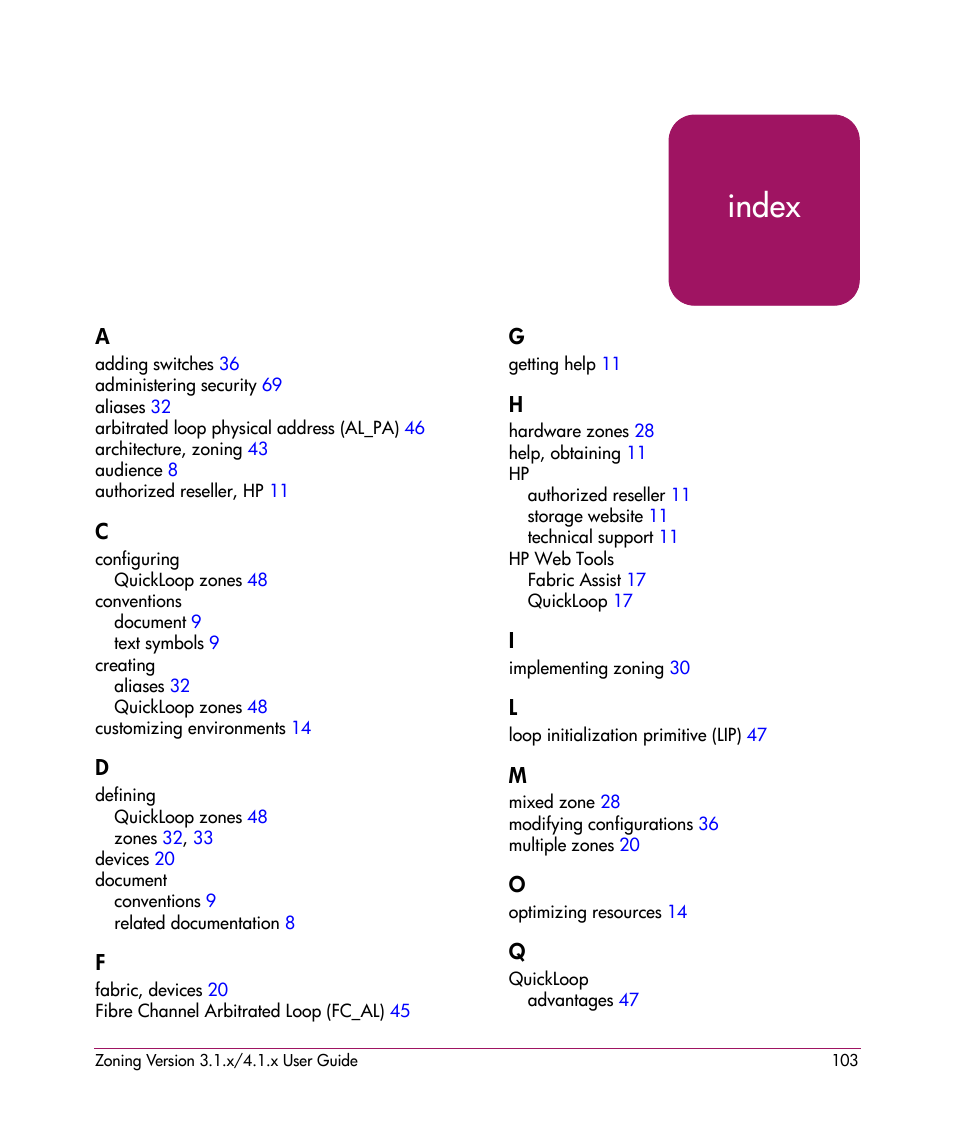 Index, Index index | HP StorageWorks MSA 2.8 SAN Switch User Manual | Page 103 / 104