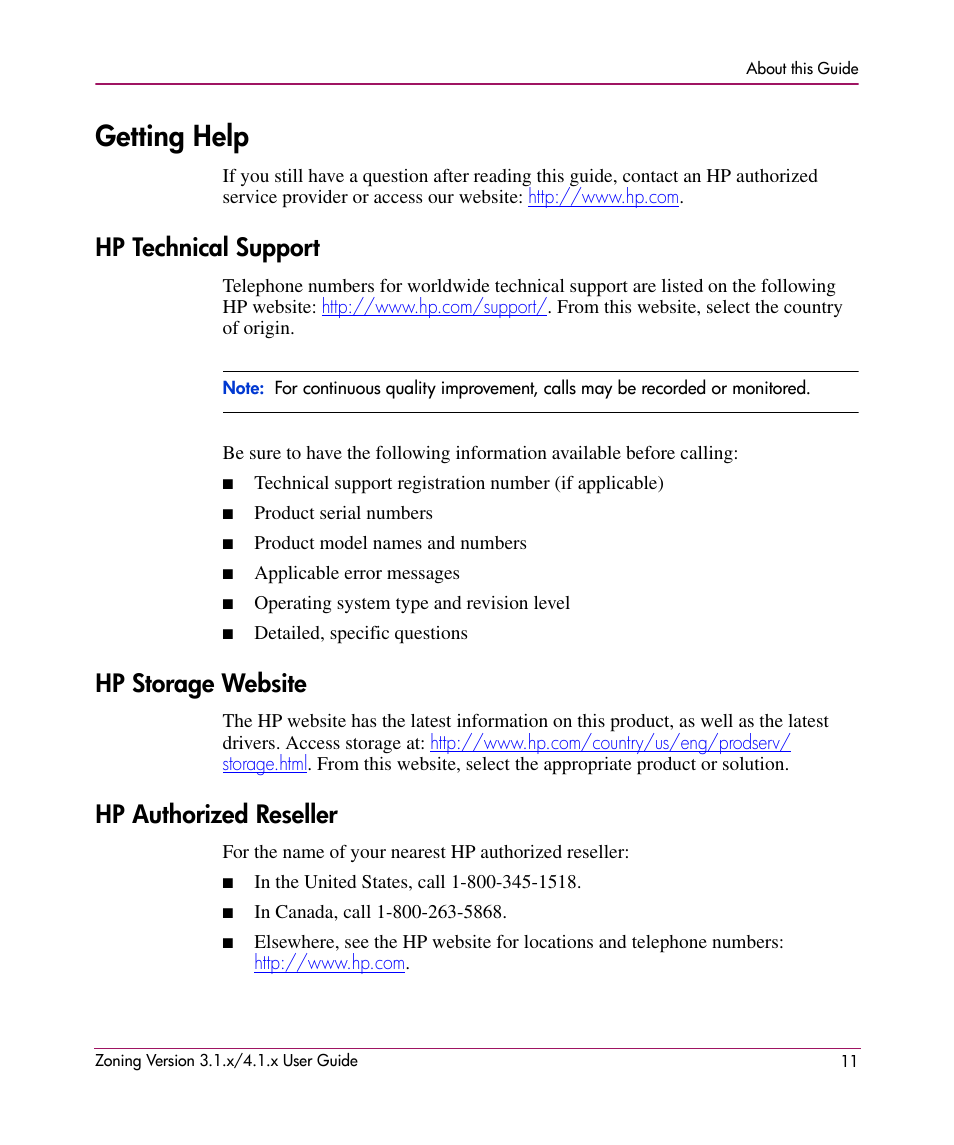 Getting help, Hp technical support, Hp storage website | Hp authorized reseller | HP StorageWorks MSA 2.8 SAN Switch User Manual | Page 11 / 104