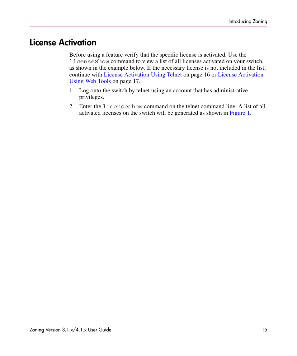 License activation | HP StorageWorks MSA 2.8 SAN Switch User Manual | Page 15 / 104