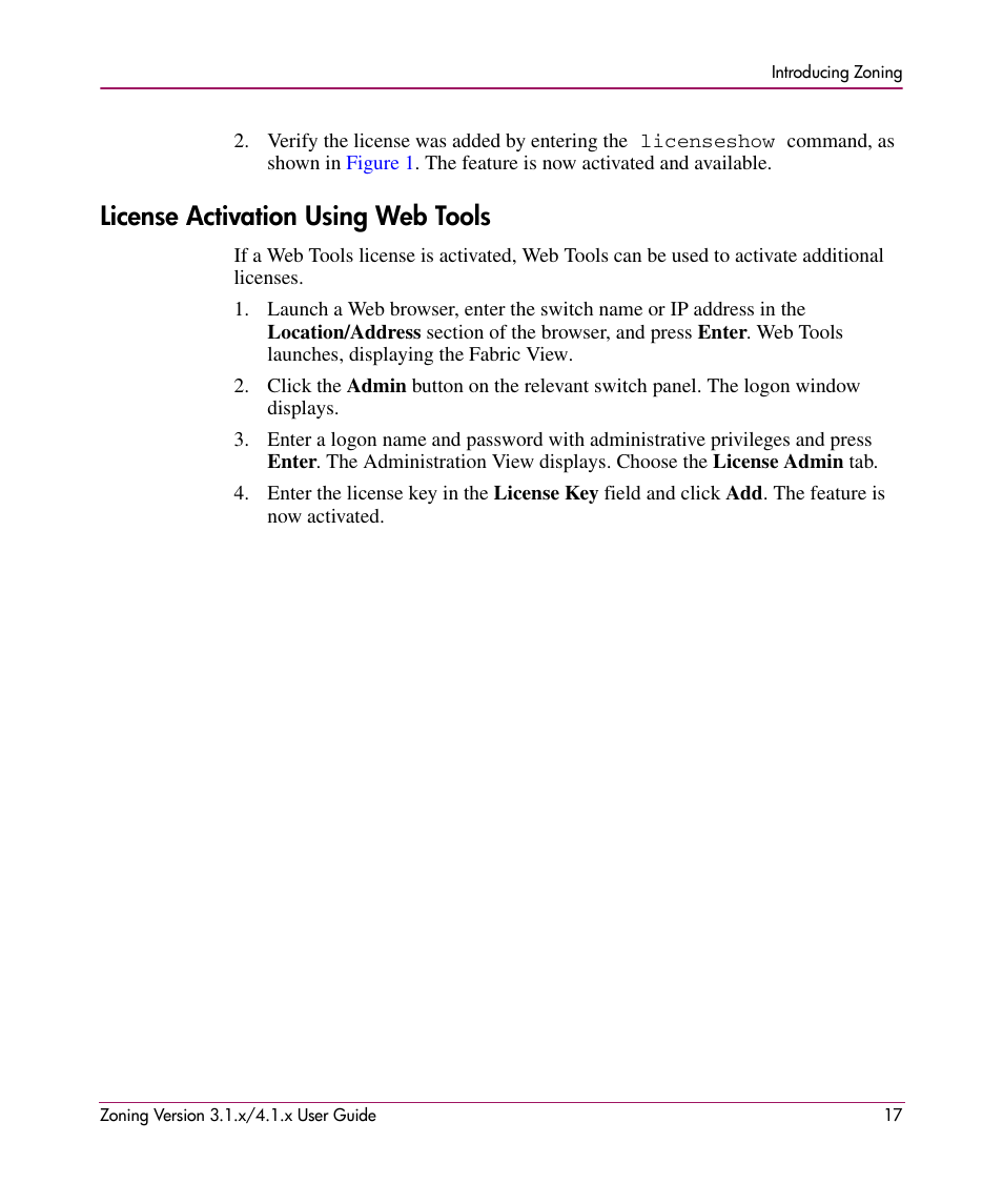 License activation using web tools, License activation, Using web tools | HP StorageWorks MSA 2.8 SAN Switch User Manual | Page 17 / 104