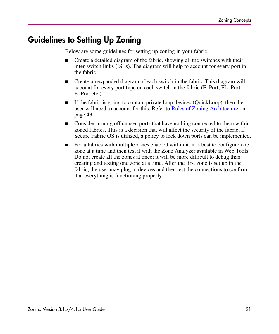 Guidelines to setting up zoning | HP StorageWorks MSA 2.8 SAN Switch User Manual | Page 21 / 104