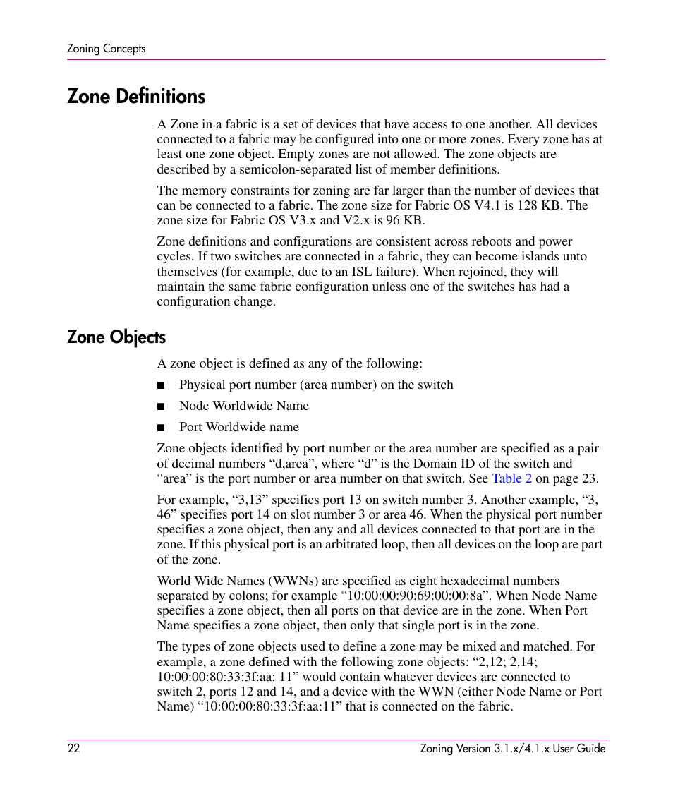 Zone definitions, Zone objects | HP StorageWorks MSA 2.8 SAN Switch User Manual | Page 22 / 104