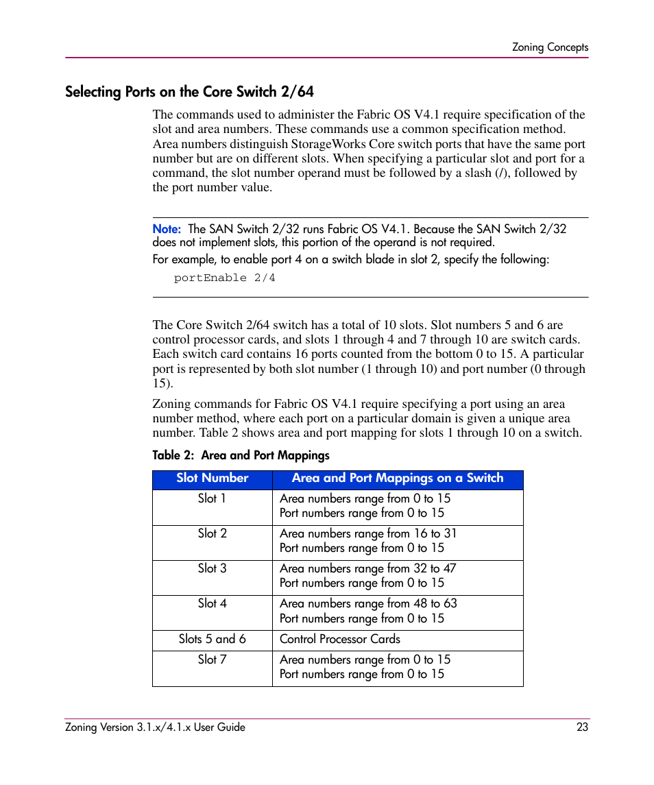 Selecting ports on the core switch 2/64, Table 2: area and port mappings (continued), 2 area and port mappings | HP StorageWorks MSA 2.8 SAN Switch User Manual | Page 23 / 104