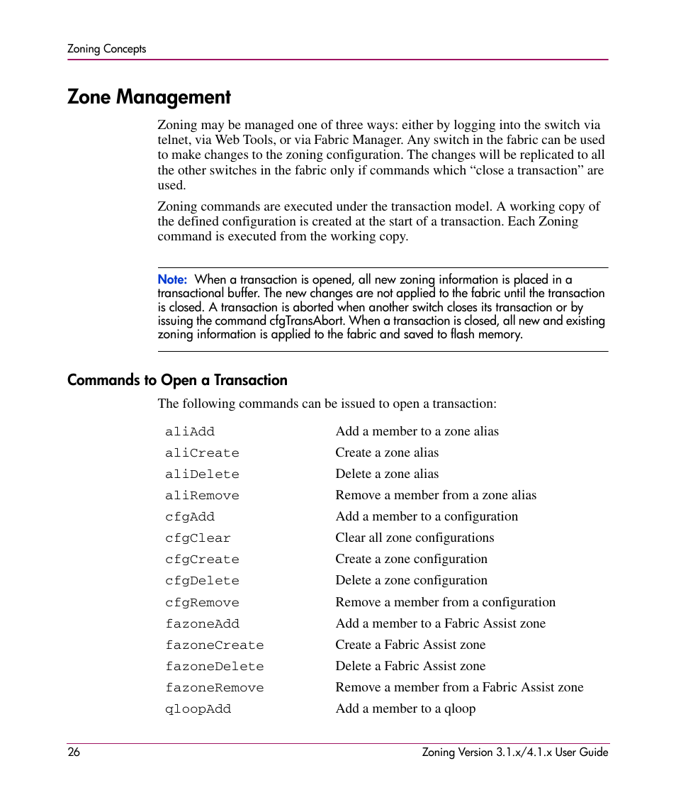 Zone management, Commands to open a transaction | HP StorageWorks MSA 2.8 SAN Switch User Manual | Page 26 / 104