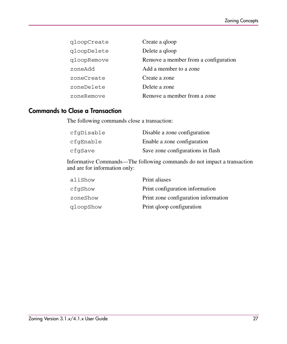 Commands to close a transaction | HP StorageWorks MSA 2.8 SAN Switch User Manual | Page 27 / 104