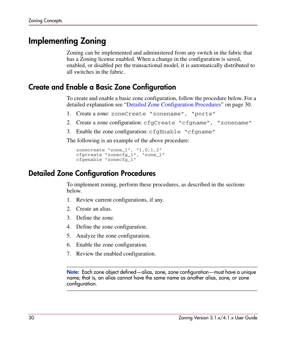Implementing zoning, Create and enable a basic zone configuration, Detailed zone configuration procedures | HP StorageWorks MSA 2.8 SAN Switch User Manual | Page 30 / 104