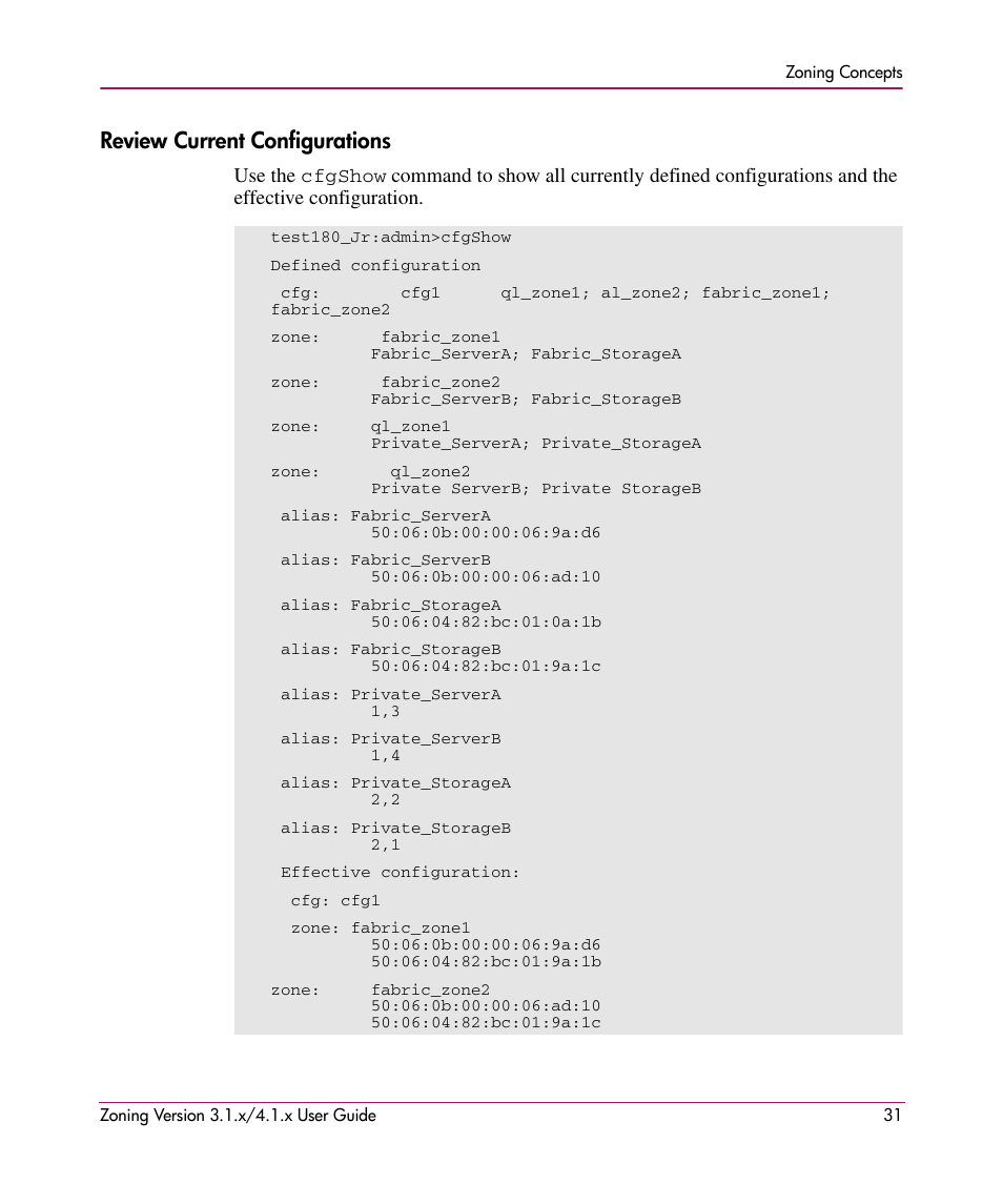 Review current configurations | HP StorageWorks MSA 2.8 SAN Switch User Manual | Page 31 / 104