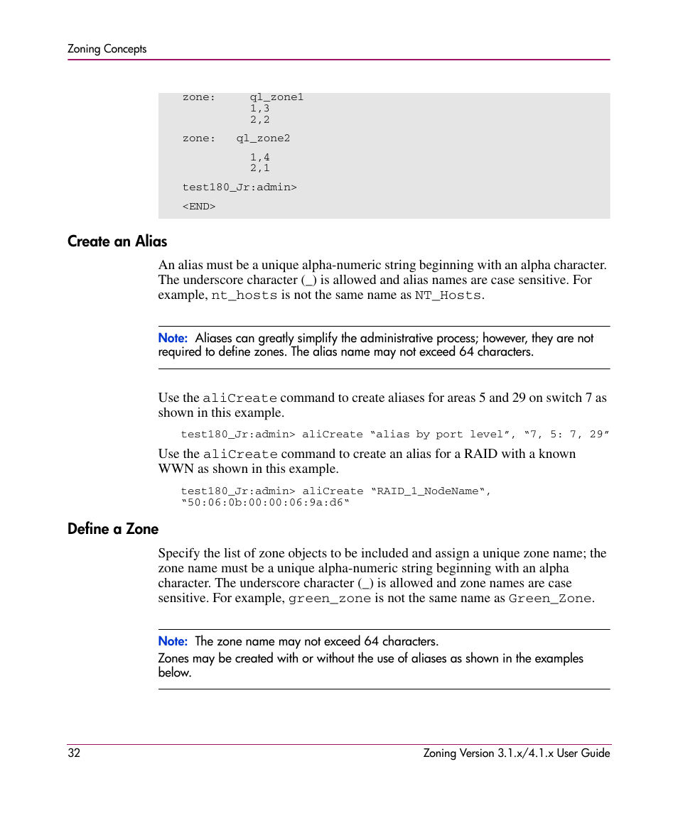 Create an alias, Define a zone, Create an alias define a zone | HP StorageWorks MSA 2.8 SAN Switch User Manual | Page 32 / 104