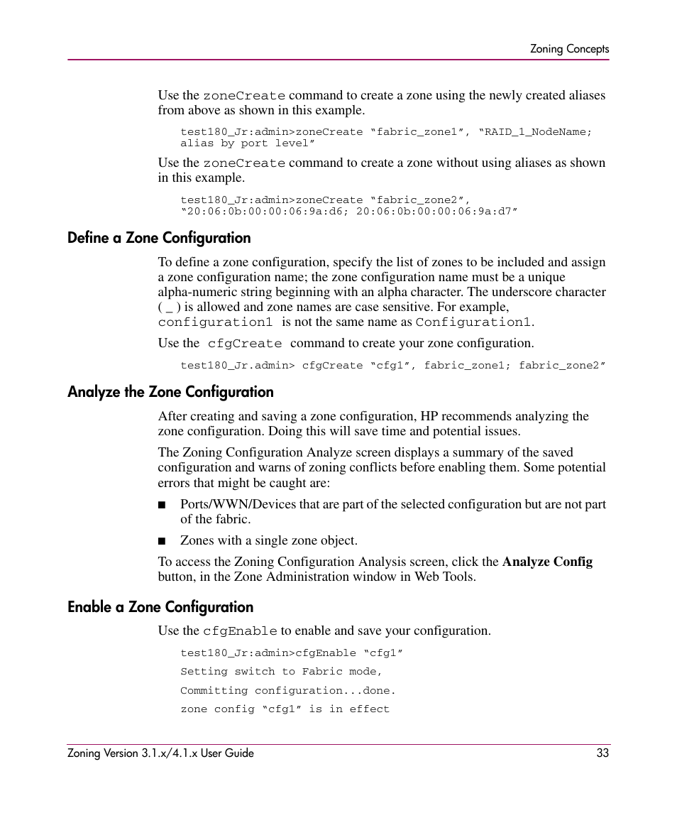 Define a zone configuration, Analyze the zone configuration, Enable a zone configuration | HP StorageWorks MSA 2.8 SAN Switch User Manual | Page 33 / 104