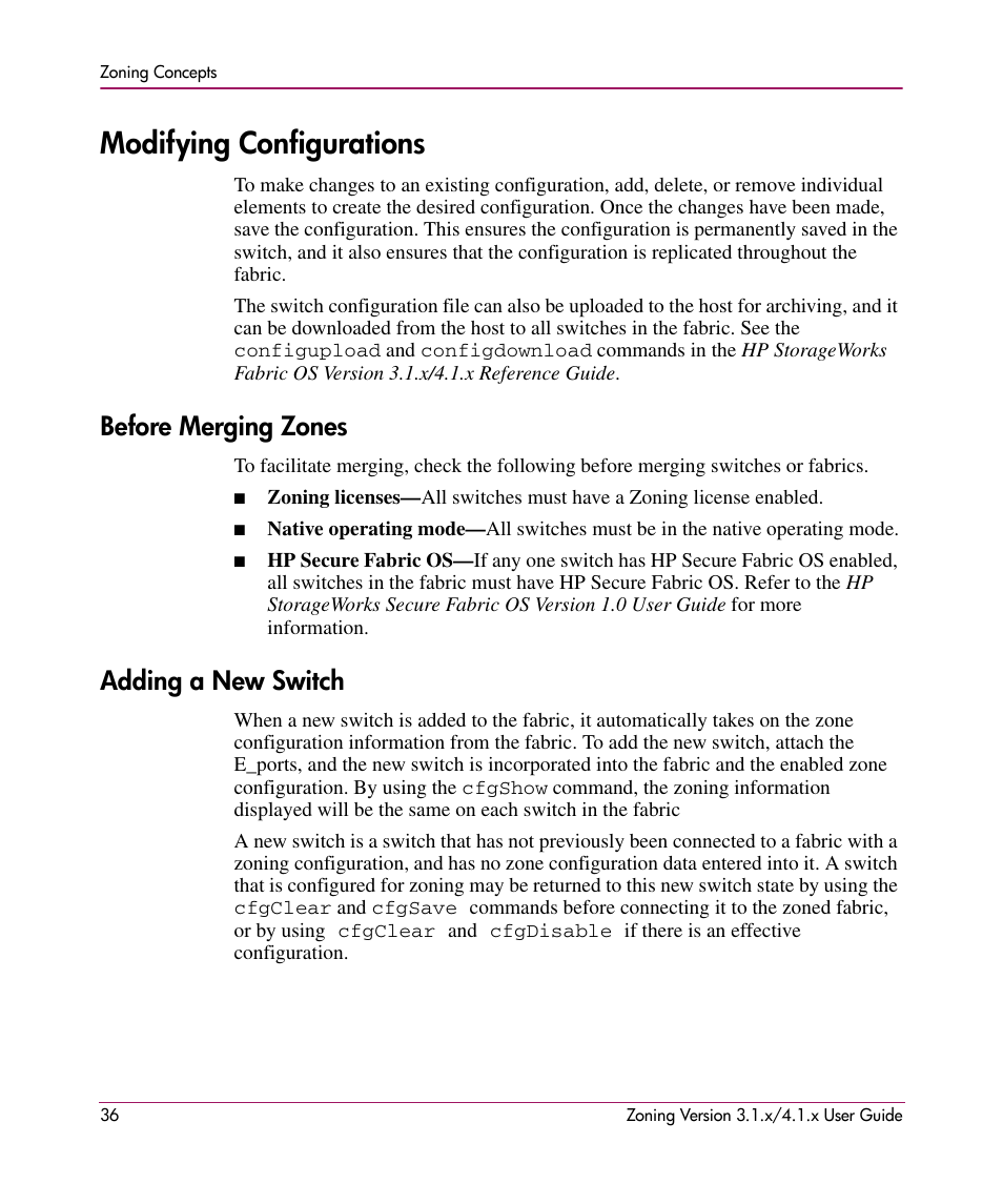Modifying configurations, Before merging zones, Adding a new switch | Before merging zones adding a new switch | HP StorageWorks MSA 2.8 SAN Switch User Manual | Page 36 / 104