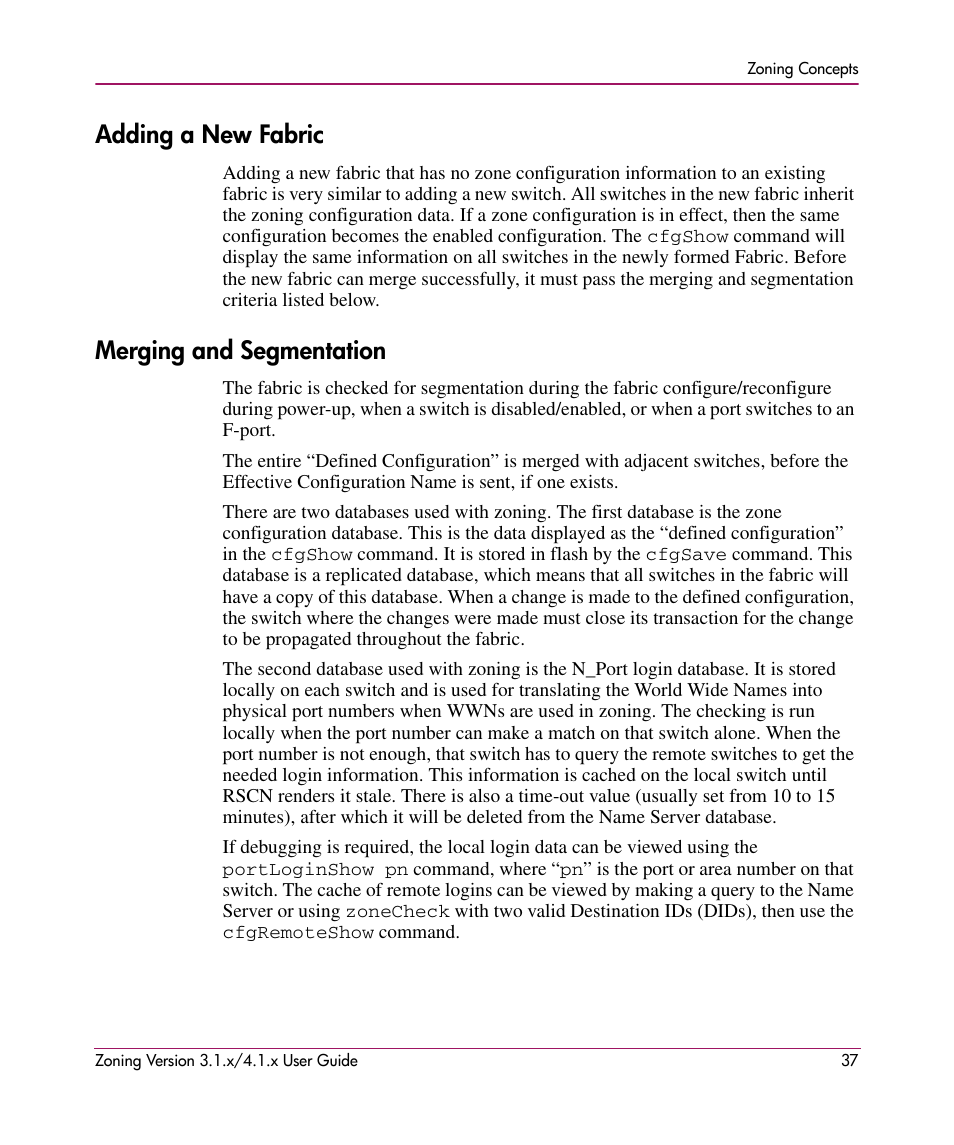 Adding a new fabric, Merging and segmentation, Adding a new fabric merging and segmentation | HP StorageWorks MSA 2.8 SAN Switch User Manual | Page 37 / 104