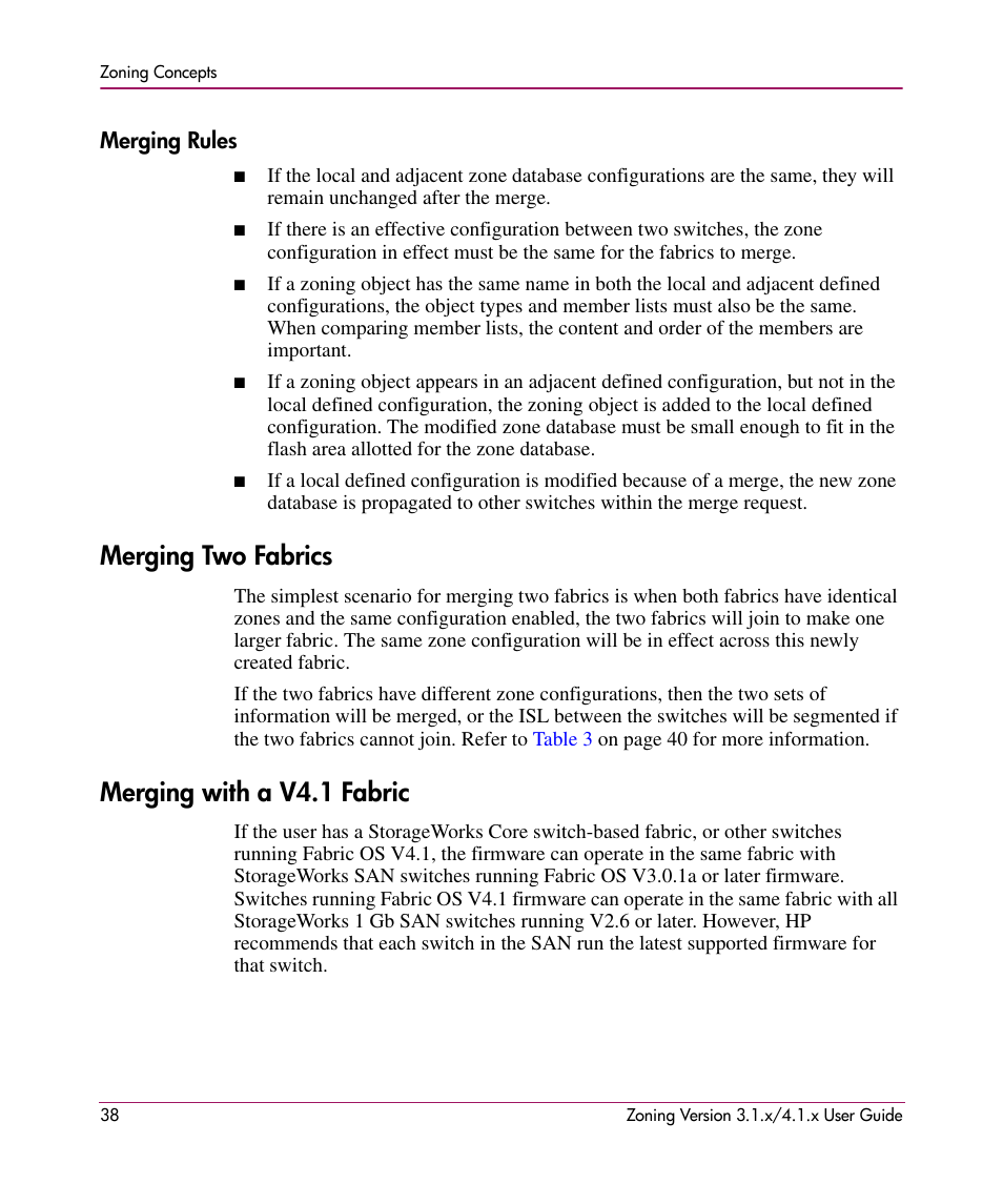 Merging rules, Merging two fabrics, Merging with a v4.1 fabric | Merging two fabrics merging with a v4.1 fabric | HP StorageWorks MSA 2.8 SAN Switch User Manual | Page 38 / 104