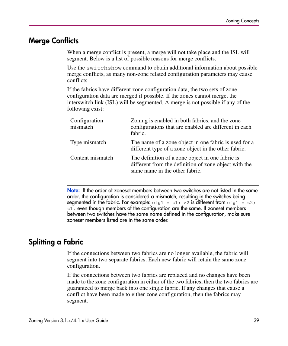 Merge conflicts, Splitting a fabric, Merge conflicts splitting a fabric | HP StorageWorks MSA 2.8 SAN Switch User Manual | Page 39 / 104
