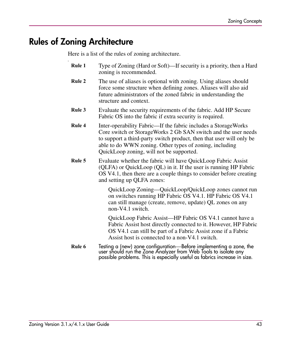 Rules of zoning architecture | HP StorageWorks MSA 2.8 SAN Switch User Manual | Page 43 / 104