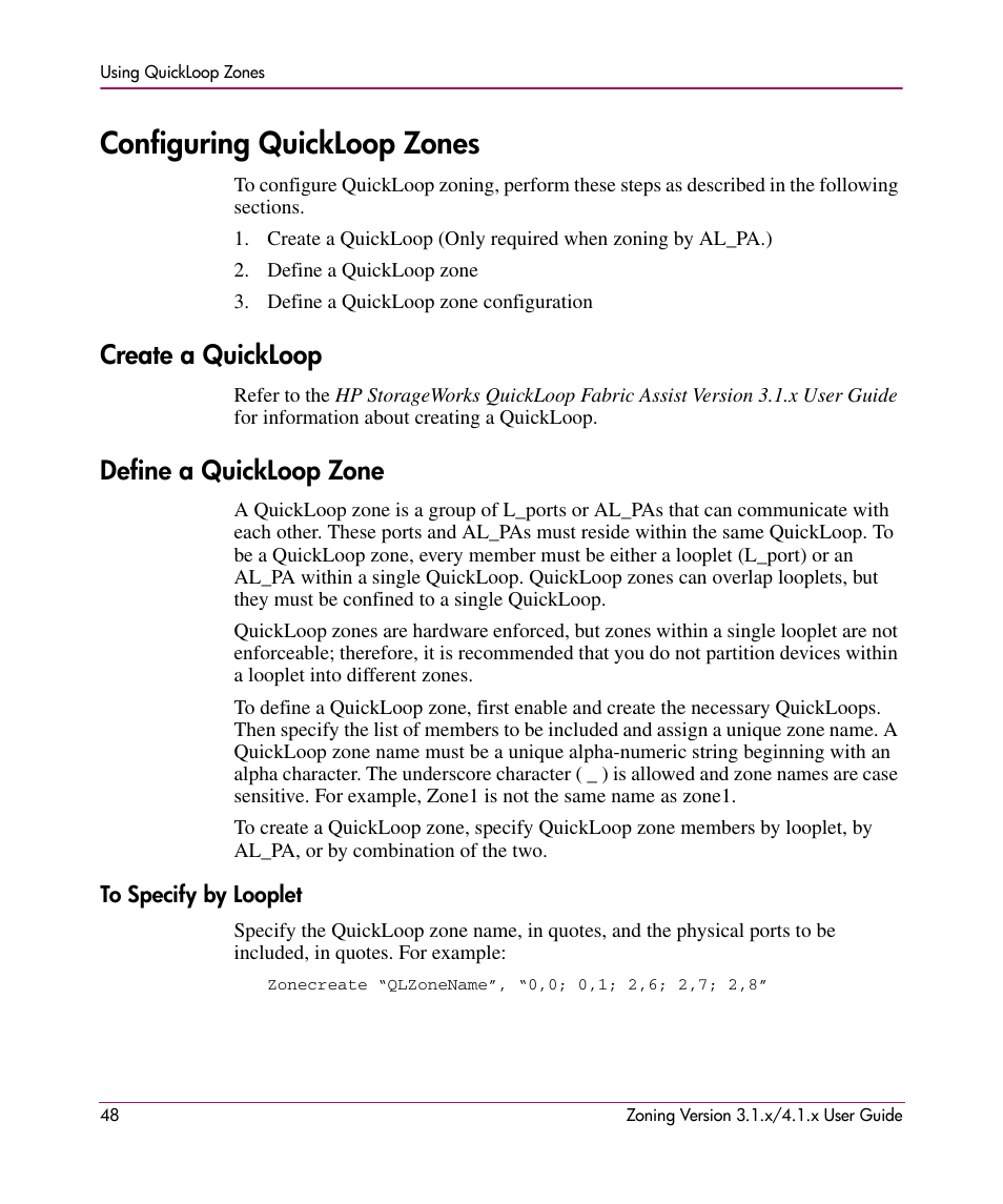 Configuring quickloop zones, Create a quickloop, Define a quickloop zone | To specify by looplet, Create a quickloop define a quickloop zone | HP StorageWorks MSA 2.8 SAN Switch User Manual | Page 48 / 104