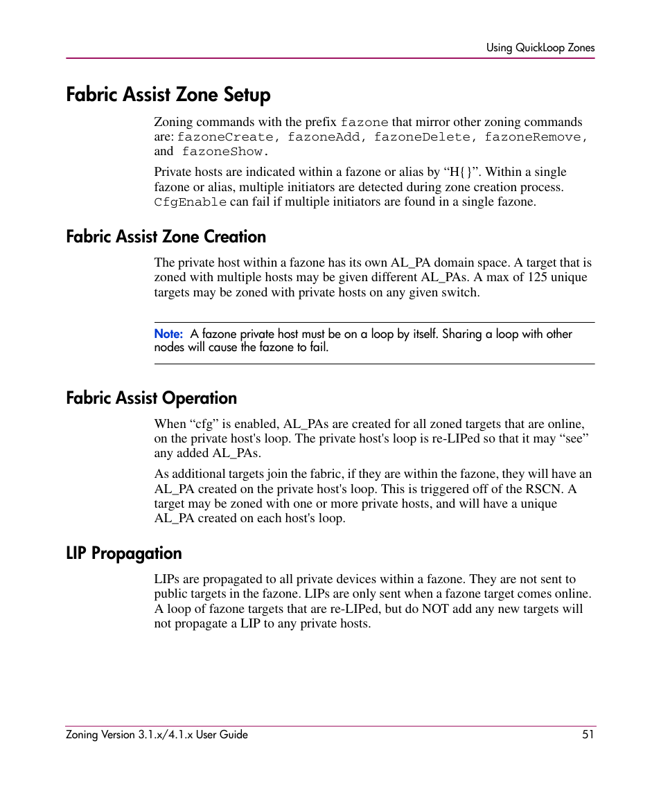 Fabric assist zone setup, Fabric assist zone creation, Fabric assist operation | Lip propagation | HP StorageWorks MSA 2.8 SAN Switch User Manual | Page 51 / 104