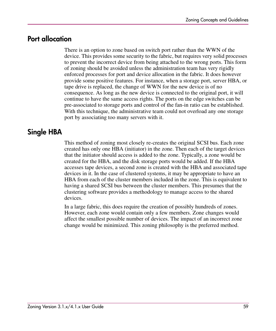 Port allocation, Single hba, Port allocation single hba | HP StorageWorks MSA 2.8 SAN Switch User Manual | Page 59 / 104