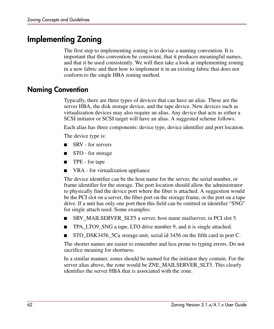 Implementing zoning, Naming convention | HP StorageWorks MSA 2.8 SAN Switch User Manual | Page 62 / 104