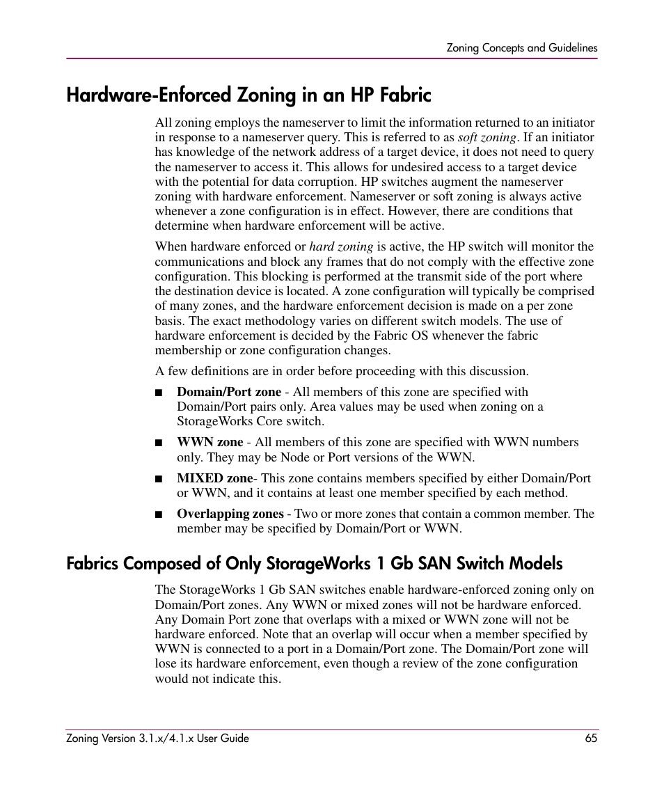 Hardware-enforced zoning in an hp fabric | HP StorageWorks MSA 2.8 SAN Switch User Manual | Page 65 / 104
