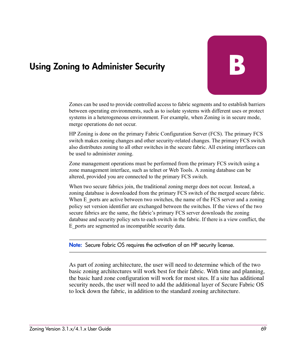 Using zoning to administer security, B using zoning to administer security | HP StorageWorks MSA 2.8 SAN Switch User Manual | Page 69 / 104