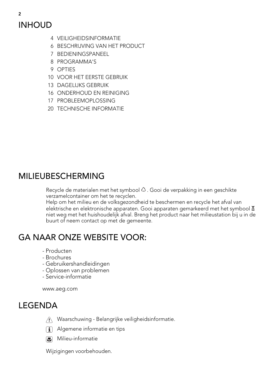 Inhoud, Milieubescherming, Ga naar onze website voor | Legenda | AEG F65022IM0P User Manual | Page 2 / 80