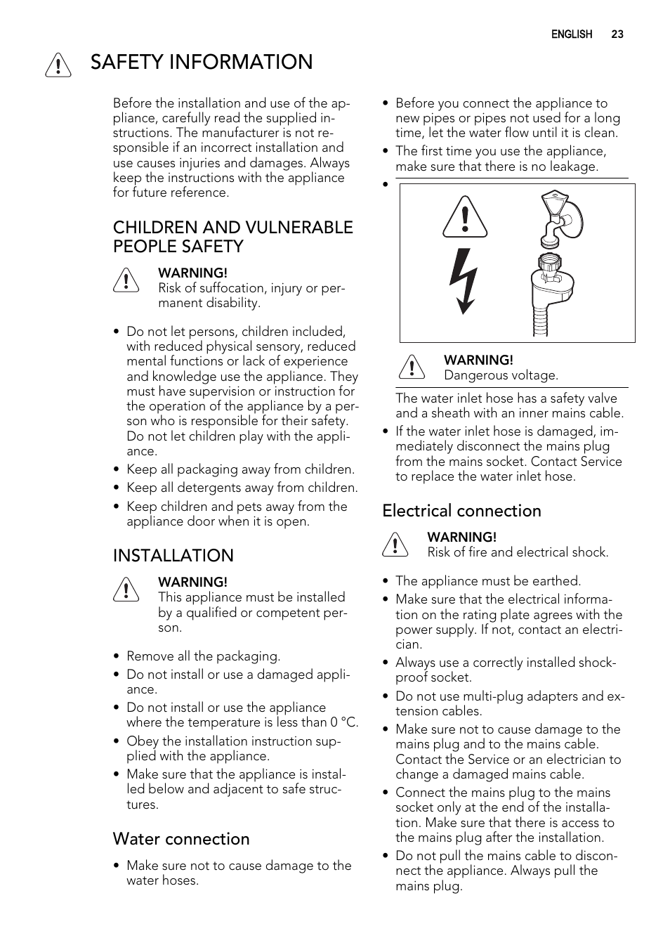 Safety information, Children and vulnerable people safety, Installation | Water connection, Electrical connection | AEG F65022IM0P User Manual | Page 23 / 80