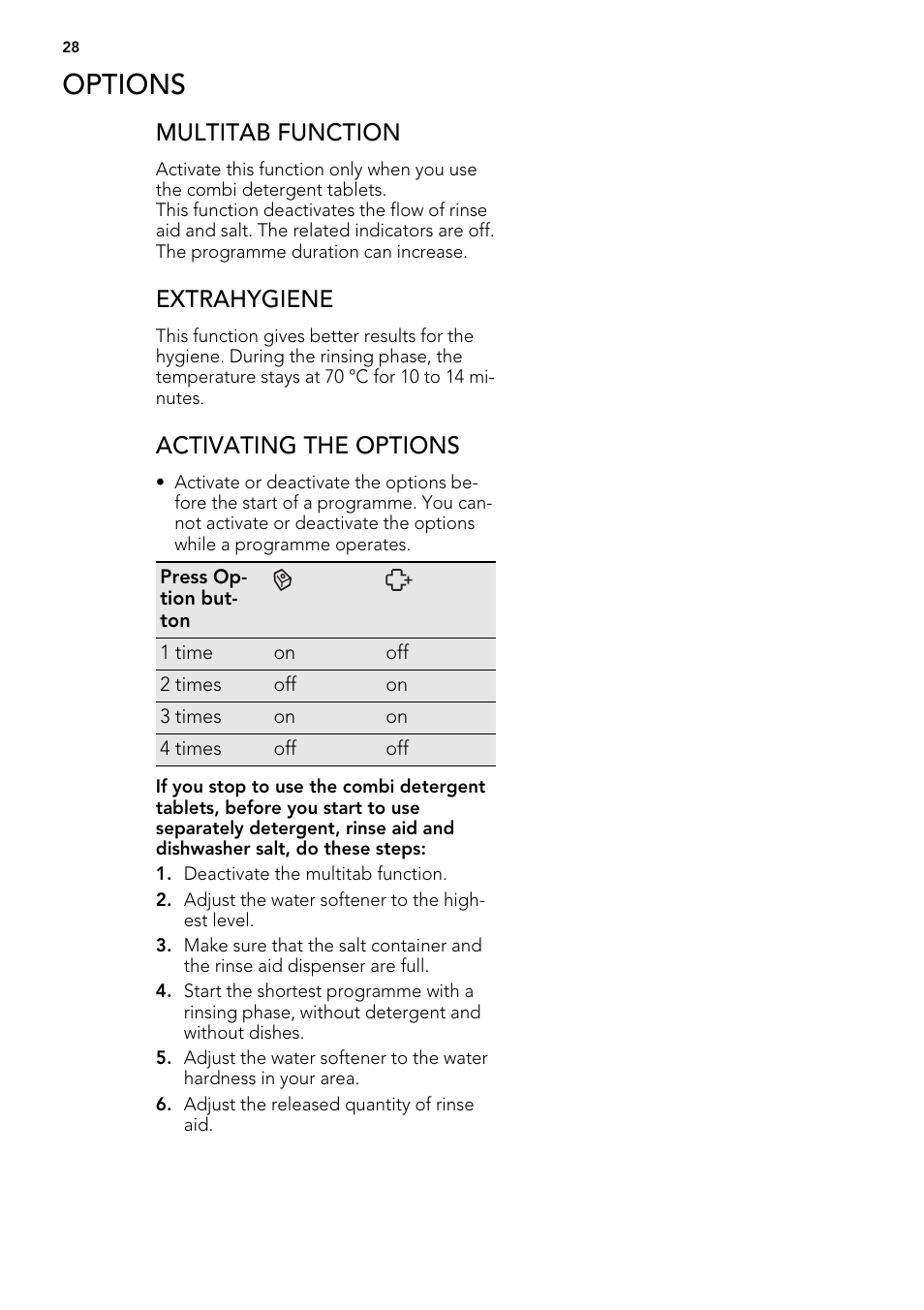 Options, Multitab function, Extrahygiene | Activating the options | AEG F65022IM0P User Manual | Page 28 / 80