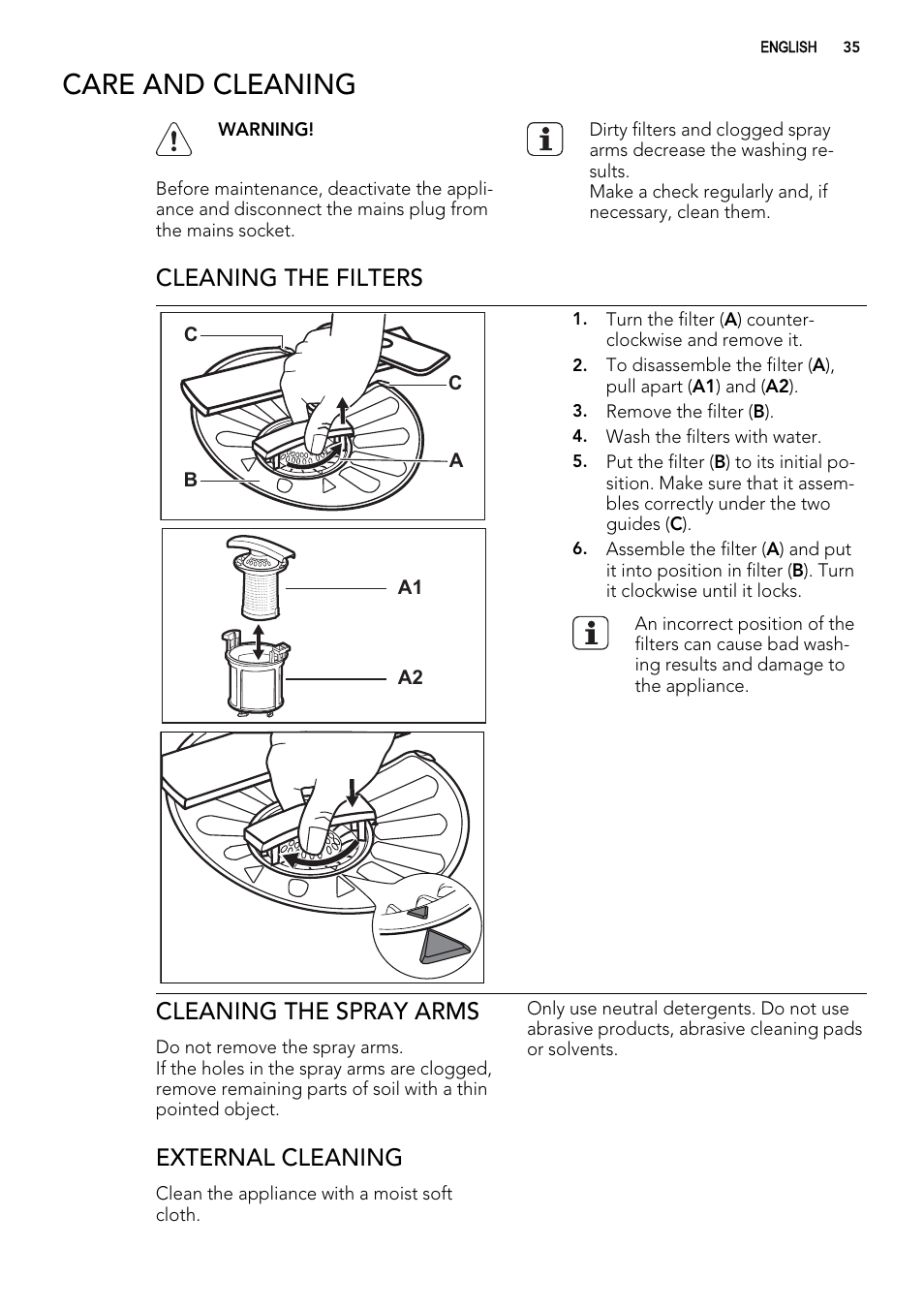 Care and cleaning, Cleaning the filters, Cleaning the spray arms | External cleaning | AEG F65022IM0P User Manual | Page 35 / 80