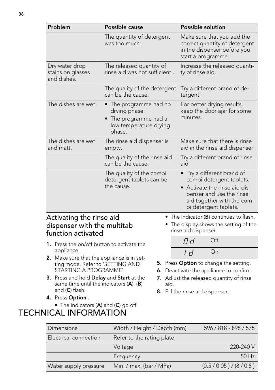 Technical information | AEG F65022IM0P User Manual | Page 38 / 80