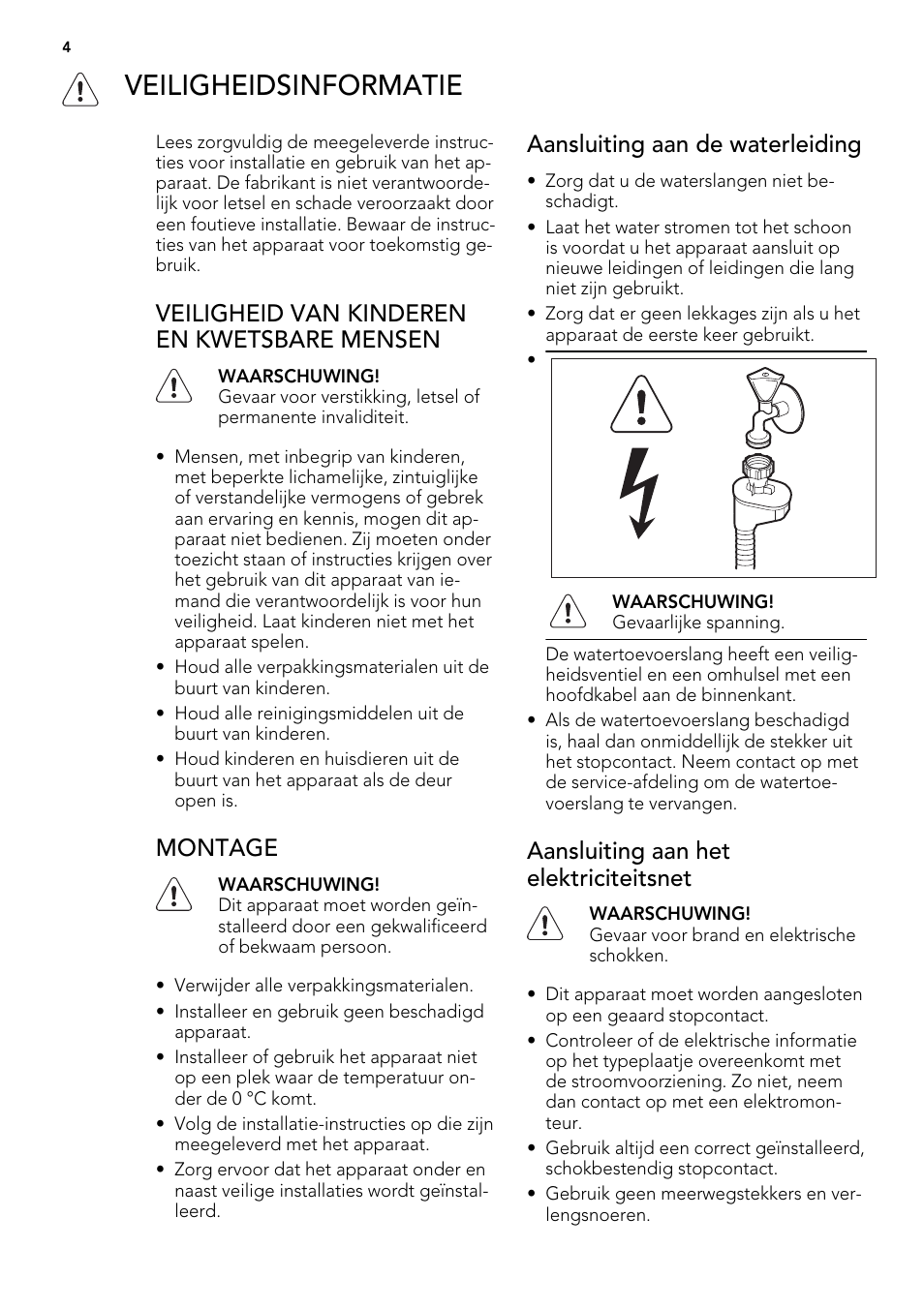 Veiligheidsinformatie, Veiligheid van kinderen en kwetsbare mensen, Montage | Aansluiting aan de waterleiding, Aansluiting aan het elektriciteitsnet | AEG F65022IM0P User Manual | Page 4 / 80