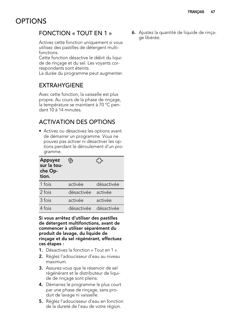 Options, Fonction « tout en 1, Extrahygiene | Activation des options | AEG F65022IM0P User Manual | Page 47 / 80