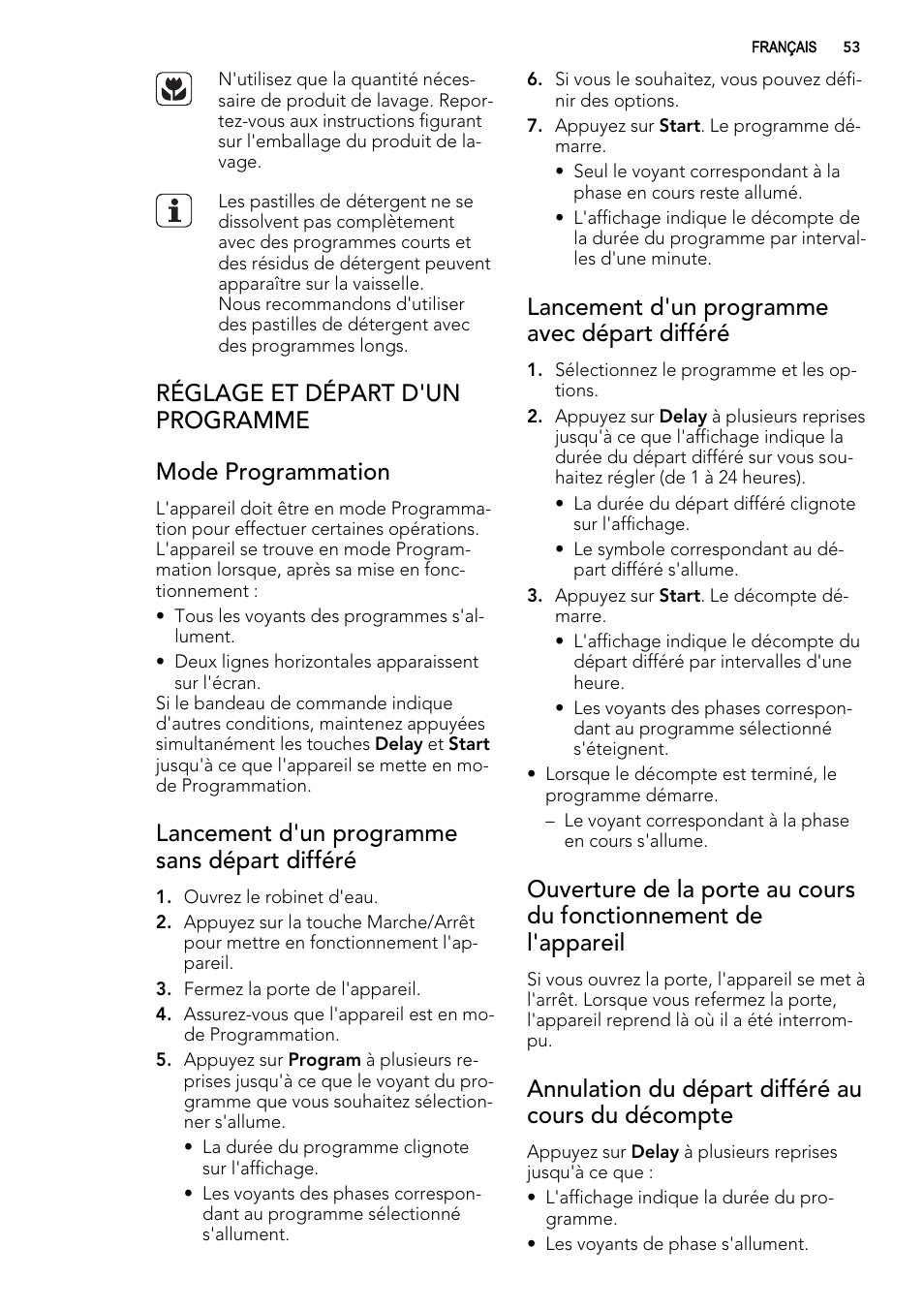 Lancement d'un programme sans départ différé, Lancement d'un programme avec départ différé, Annulation du départ différé au cours du décompte | AEG F65022IM0P User Manual | Page 53 / 80