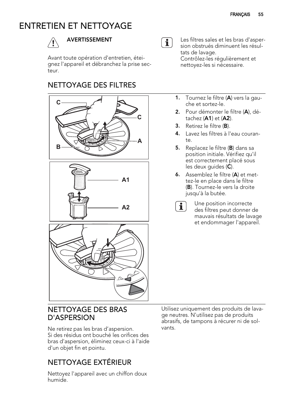 Entretien et nettoyage, Nettoyage des filtres, Nettoyage des bras d'aspersion | Nettoyage extérieur | AEG F65022IM0P User Manual | Page 55 / 80