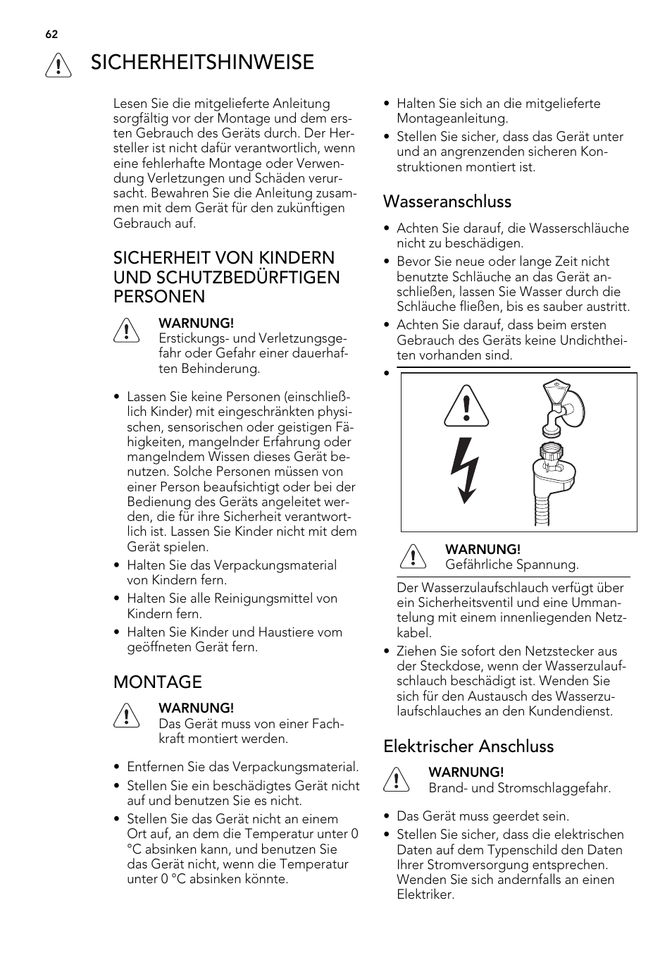 Sicherheitshinweise, Montage, Wasseranschluss | Elektrischer anschluss | AEG F65022IM0P User Manual | Page 62 / 80