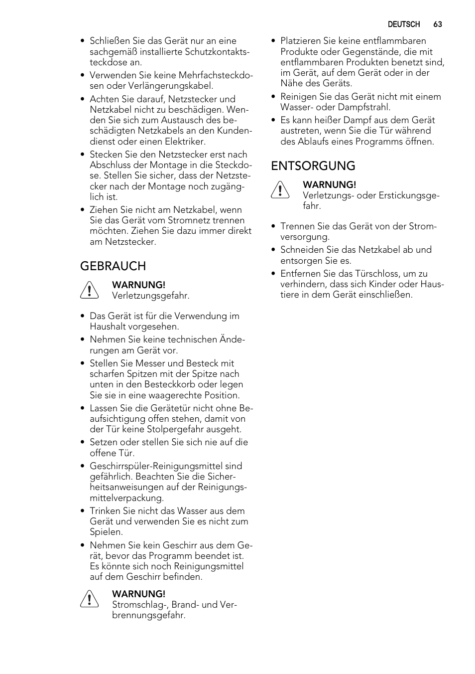 Gebrauch, Entsorgung | AEG F65022IM0P User Manual | Page 63 / 80