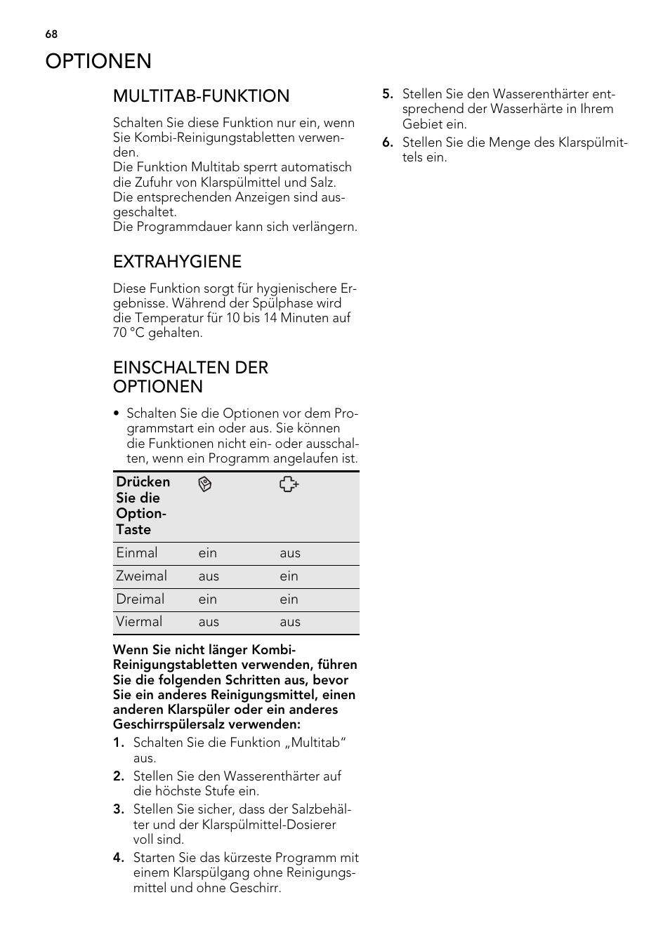 Optionen, Multitab-funktion, Extrahygiene | Einschalten der optionen | AEG F65022IM0P User Manual | Page 68 / 80