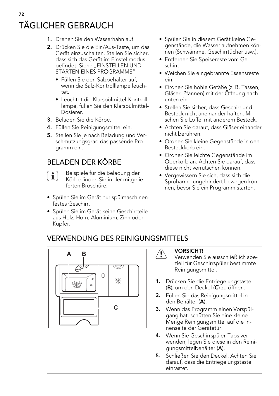 Täglicher gebrauch, Beladen der körbe, Verwendung des reinigungsmittels | AEG F65022IM0P User Manual | Page 72 / 80