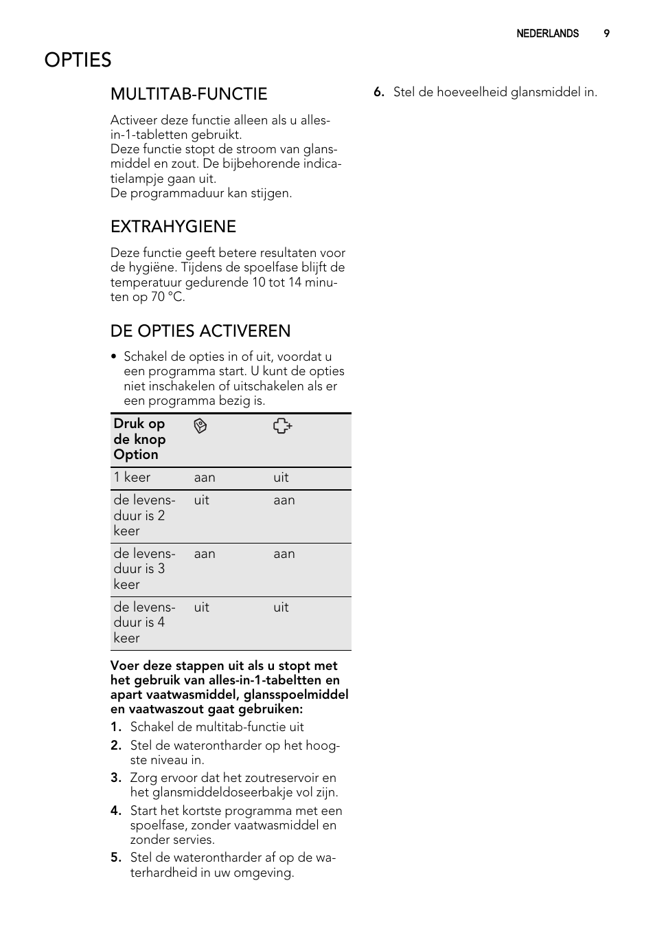 Opties, Multitab-functie, Extrahygiene | De opties activeren | AEG F65022IM0P User Manual | Page 9 / 80