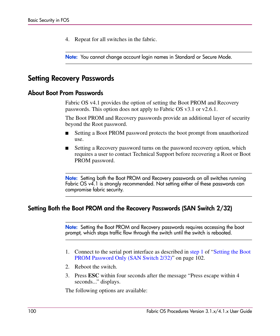 Setting recovery passwords, About boot prom passwords | HP StorageWorks MSA 2.8 SAN Switch User Manual | Page 100 / 270