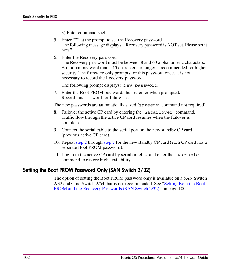 Setting the boot, Prom password only (san switch 2/32) | HP StorageWorks MSA 2.8 SAN Switch User Manual | Page 102 / 270