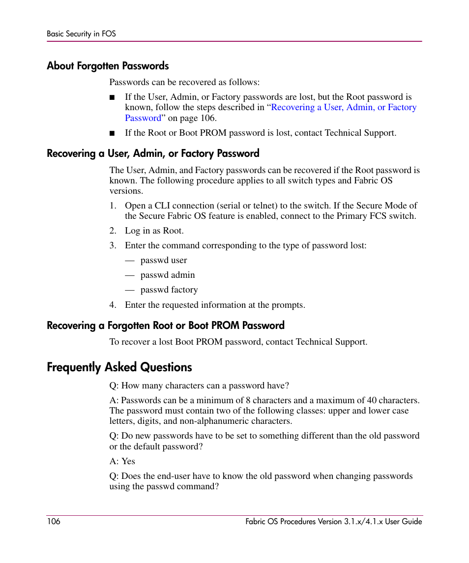 About forgotten passwords, Recovering a user, admin, or factory password, Recovering a forgotten root or boot prom password | Frequently asked questions | HP StorageWorks MSA 2.8 SAN Switch User Manual | Page 106 / 270